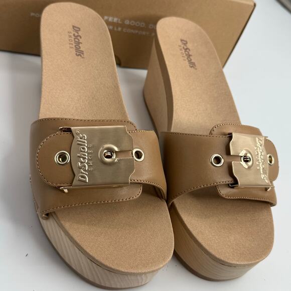 NEW Dr. Scholls Original Life Slide Sandals Size 9 Warm Tan Leather Wedge Heels - Picture 4 of 8